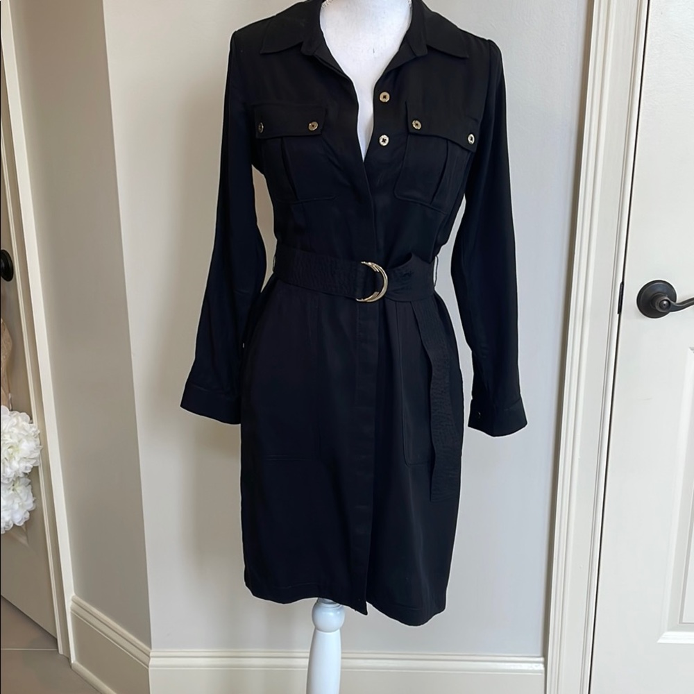 White House Black Market Black Long-Sleeve Belted Shirt Dress